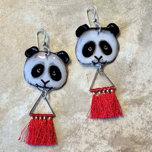 Giant Panda Bears earrings handpainted with red tassel OOAK - Picture 2 of 4